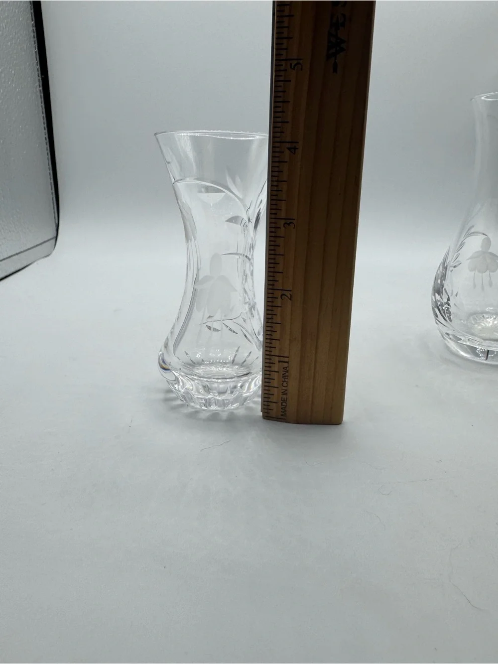 Vintage Stuart Lead Crystal Fuchsia Etched Set of 2 Bud Vase